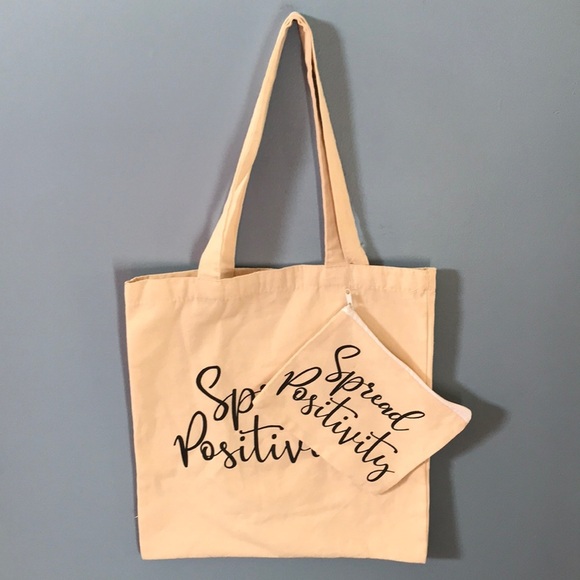 NWOT cream lightweight canvas tote & cosmetic/change bag duo. Spread positivity - Picture 1 of 10